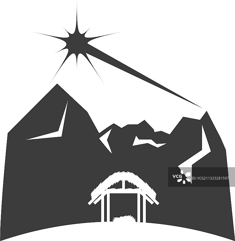 耶稣诞生的茅屋、山脉和星星图片素材