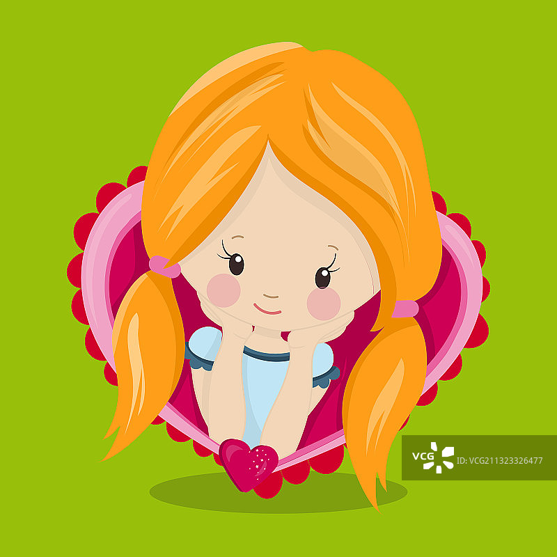 扎着红色辫子的情人节女孩与爱心图片素材