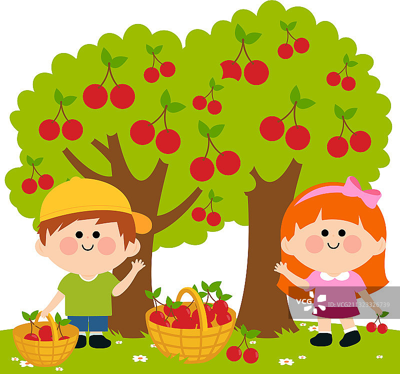 孩子们在樱桃树下摘樱桃图片素材