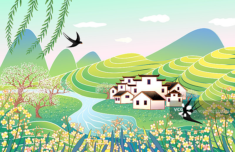清明节婺源油菜花盛开风景插画海报图片素材