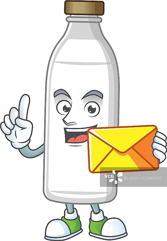 可爱的牛奶瓶吉祥物拿着棕色信封图片素材