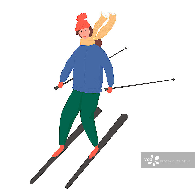 快乐的年轻女孩滑雪扁平卡通图片素材
