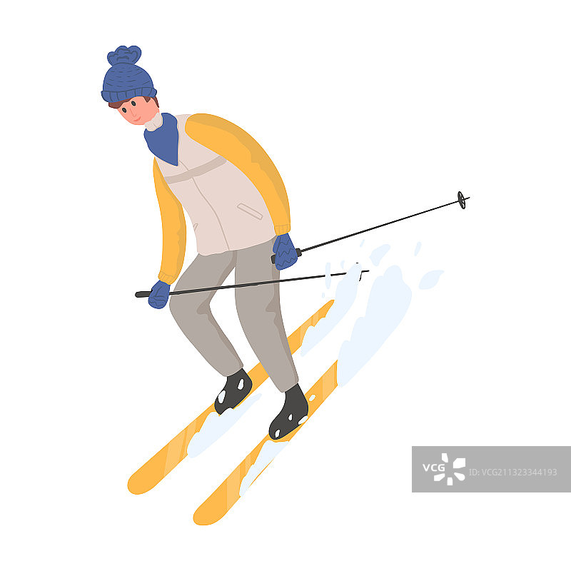 穿着冬季外套在雪地滑雪的快乐年轻人图片素材