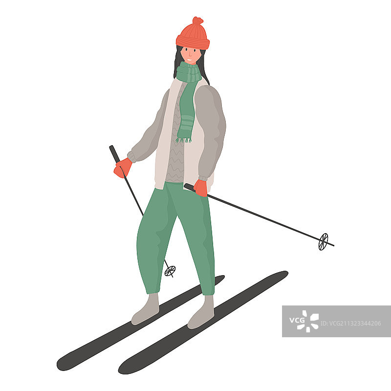 快乐的年轻女孩滑雪扁平卡通图片素材