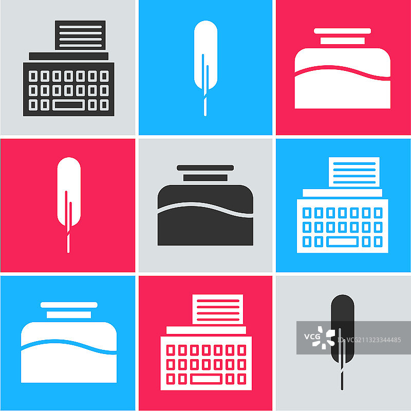 复古打字机羽毛笔和墨水瓶图标图片素材