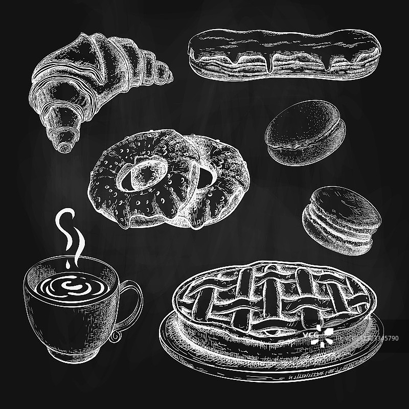 带有咖啡杯或茶的粉笔画糕点图片素材