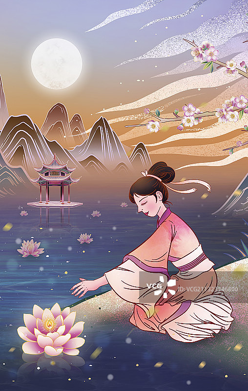 女孩在河边放河灯插画海报背景图片素材