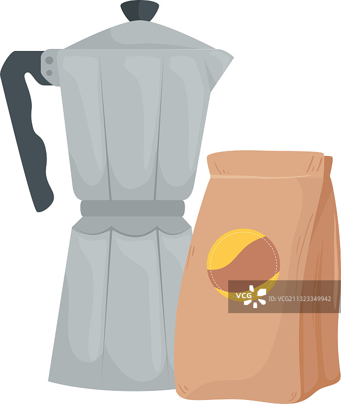 摩卡壶和咖啡豆袋设计图片素材