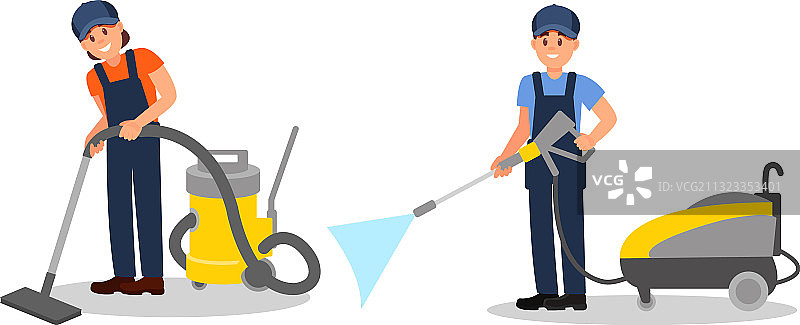 穿蓝色工作服的男女清洁工在吸尘图片素材