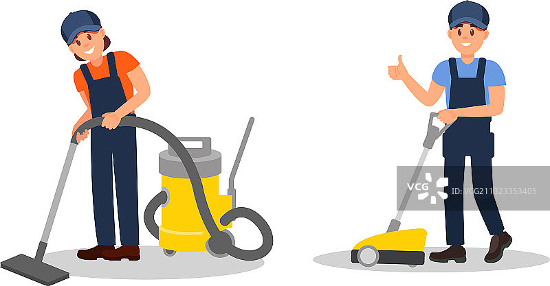 穿蓝色工作服的男女清洁工在吸尘图片素材