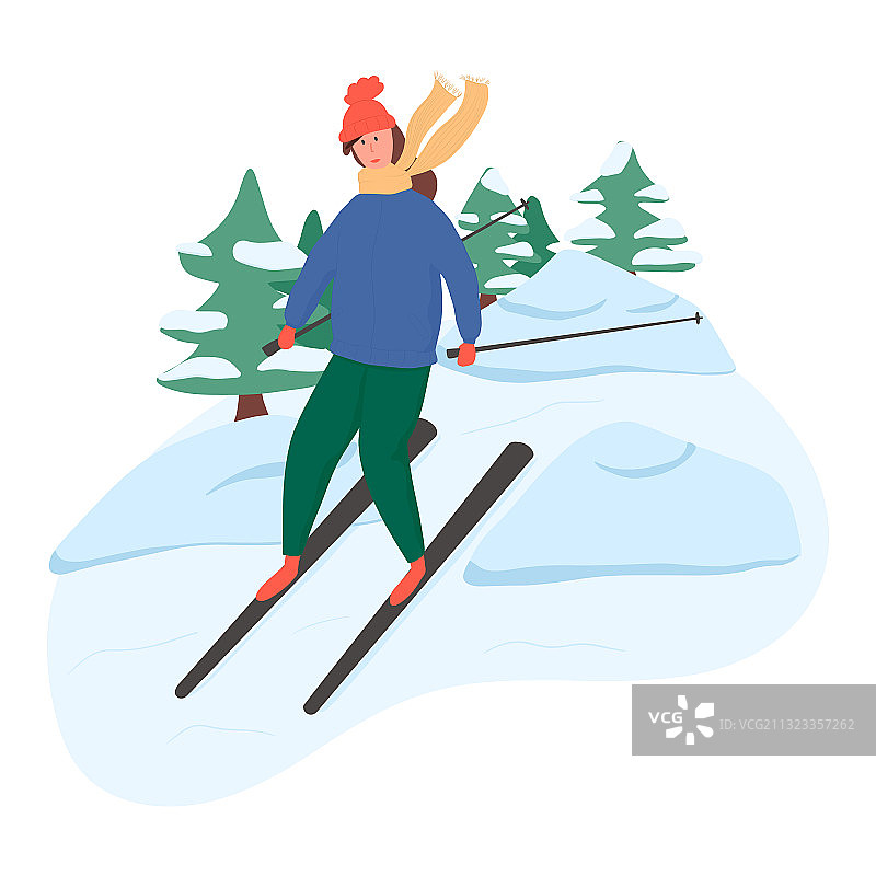 快乐的年轻女孩滑雪扁平卡通图片素材