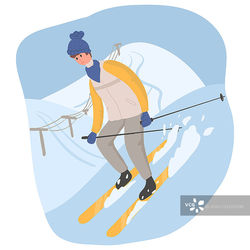 穿着冬季外套在雪地滑雪的快乐年轻人图片素材