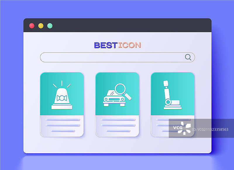 汽车搜索、闪光器、警报器和汽车座椅图标集图片素材
