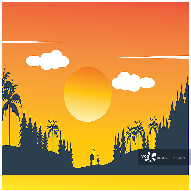 色彩斑斓的傍晚森林中的鹿图片素材