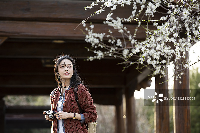春天青年女子城市旅行拍照看花图片素材
