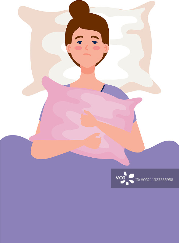 失眠的女人在床上抱着枕头图片素材