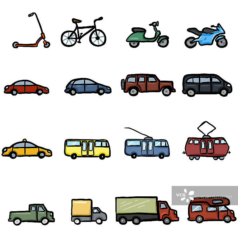 彩色涂鸦交通图标合集图片素材