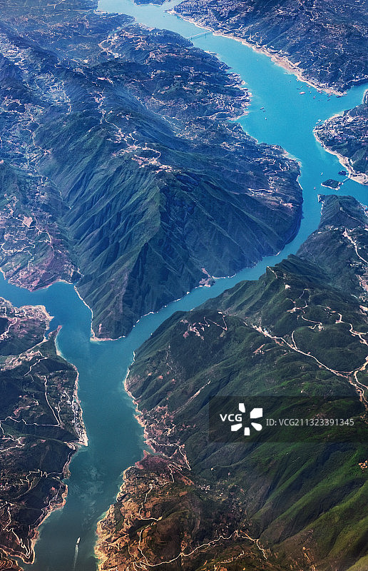 长江三峡之瞿塘峡，万米高空航拍，自然，国家地理地标图片素材