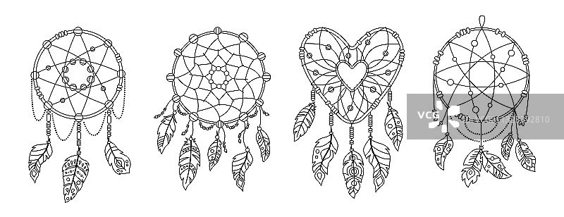 波西米亚风捕梦网羽毛护身符轮廓图片素材
