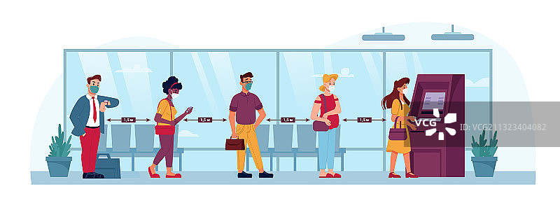 银行排队中的ATM机社交距离线图片素材