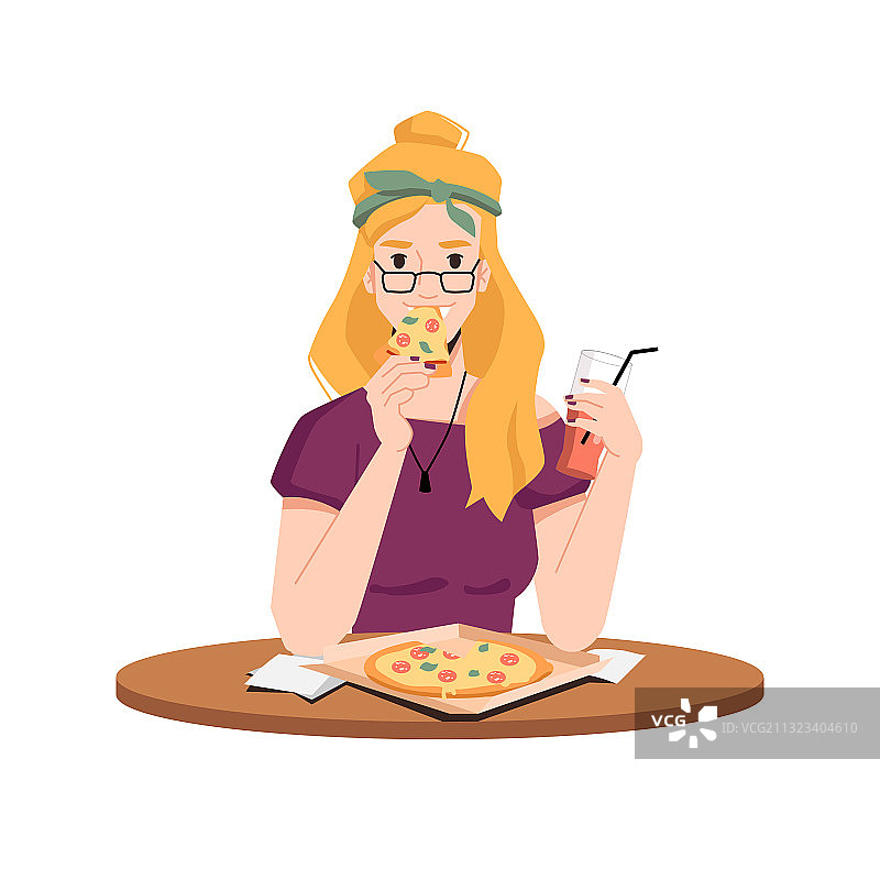 女人吃披萨喝果汁扁平卡通图片素材