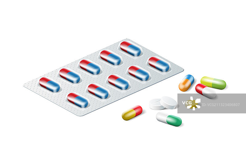 带有彩色药丸的逼真泡罩3D医疗图片素材
