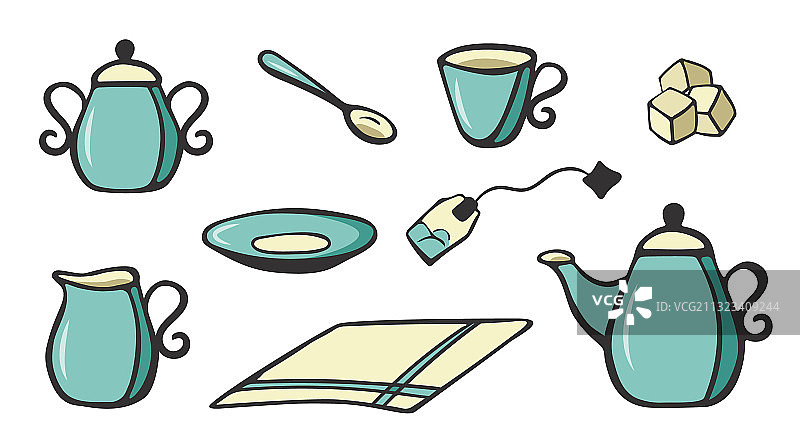 手绘风格的彩色茶具套装图片素材