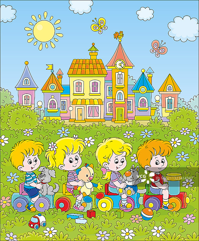 在游乐场玩具火车上的儿童图片素材