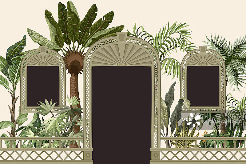 热带树木和门洞边框图片素材