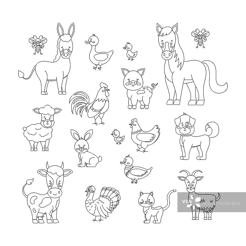 农场动物和鸟类线条艺术合集图片素材