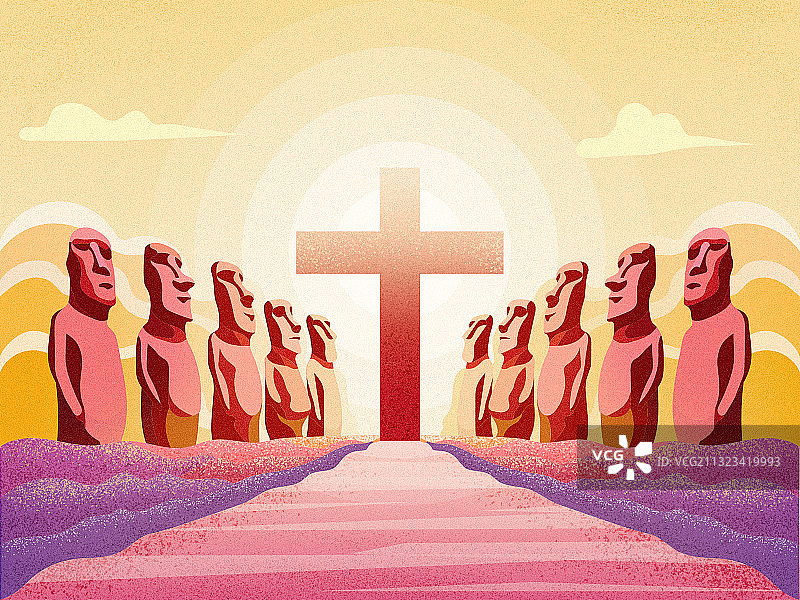 两排雕像仰望十字架的复活节插画图片素材