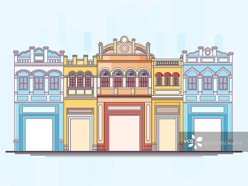 一排海南自贸港南洋风格的骑楼老街矢量插画图片素材