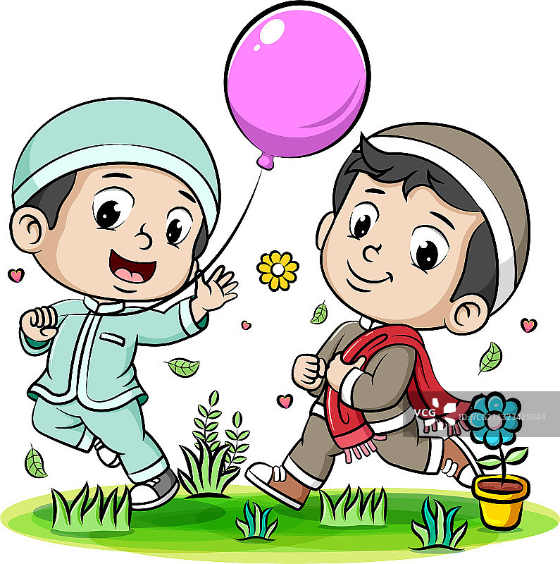 两个快乐的穆斯林男孩在公园里跑步图片素材