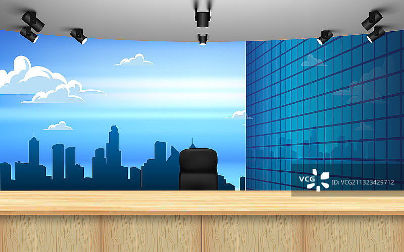 带城市景观的新闻演播室木桌图片素材