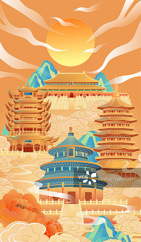 国风古建筑插画竖版图片素材