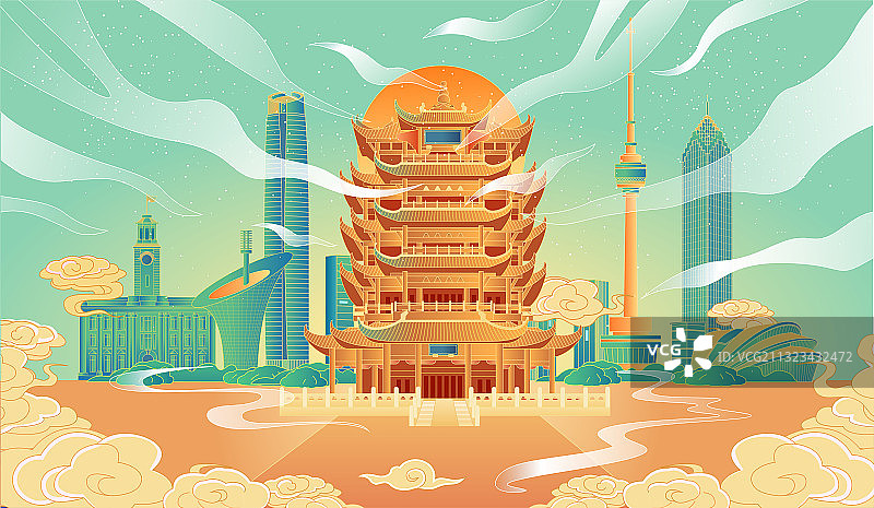 武汉城市建筑插画图片素材