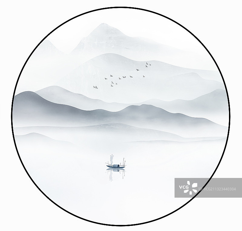 新中式水墨意境抽象蓝色山水风景画图片素材