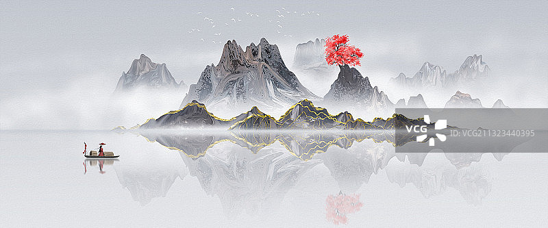 手绘新中式抽象水墨山水装饰画图片素材