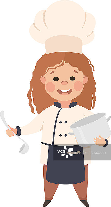 拿着平底锅和长柄勺的可爱女孩厨师图片素材