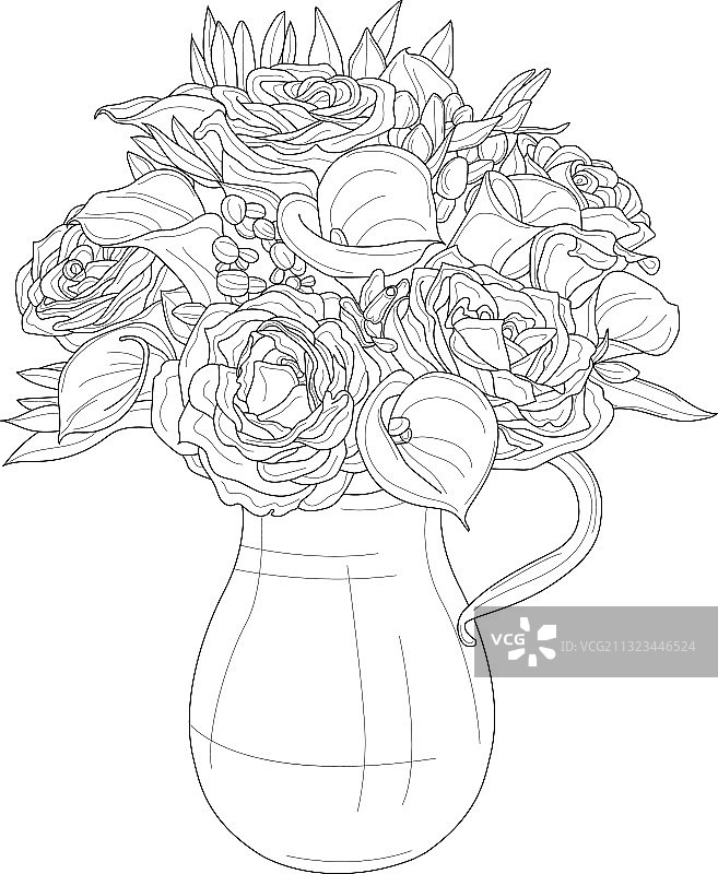 逼真风格的玫瑰与马蹄莲花束图片素材