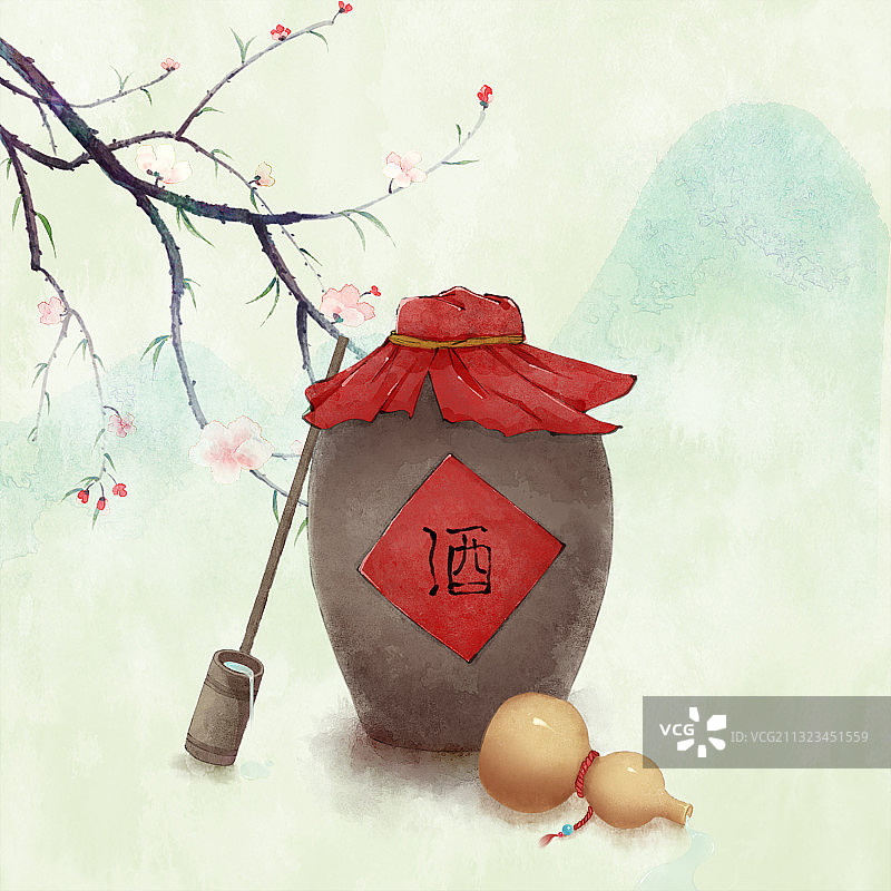 古风水彩春天酒坛花枝葫芦图片素材
