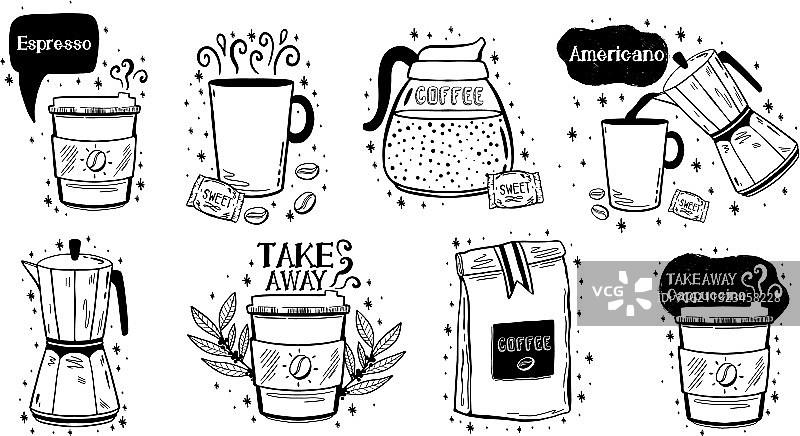 涂鸦咖啡饮品速写：阿拉比卡咖啡豆的香气设计图片素材