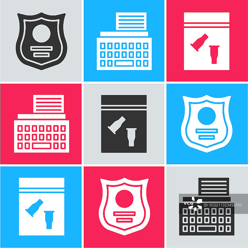 警徽复古打字机与证据套装图片素材