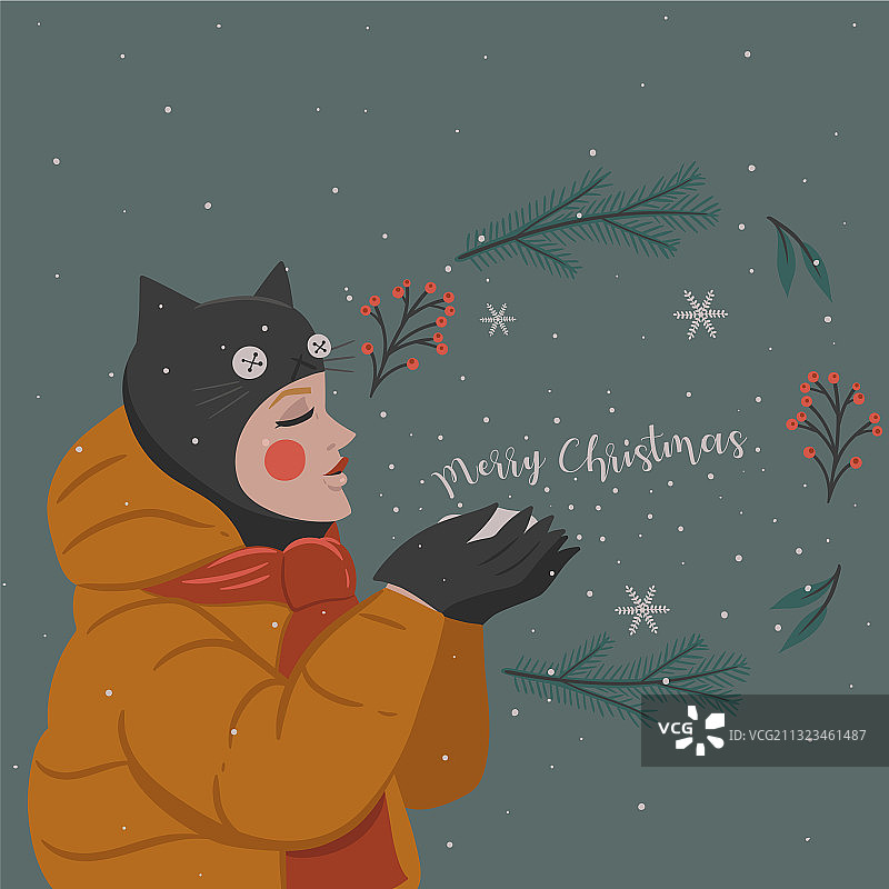 戴着猫耳朵帽子和铭文的女孩图片素材