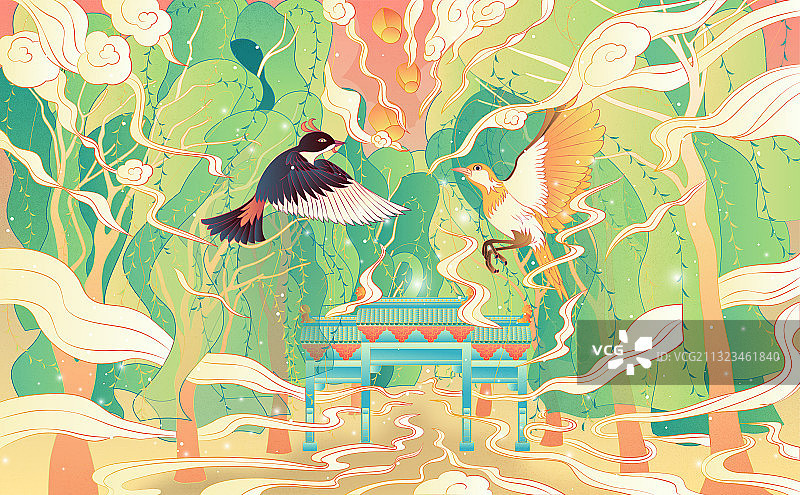 杭州西湖国潮风西湖十景系列风景插画柳浪闻莺图片素材