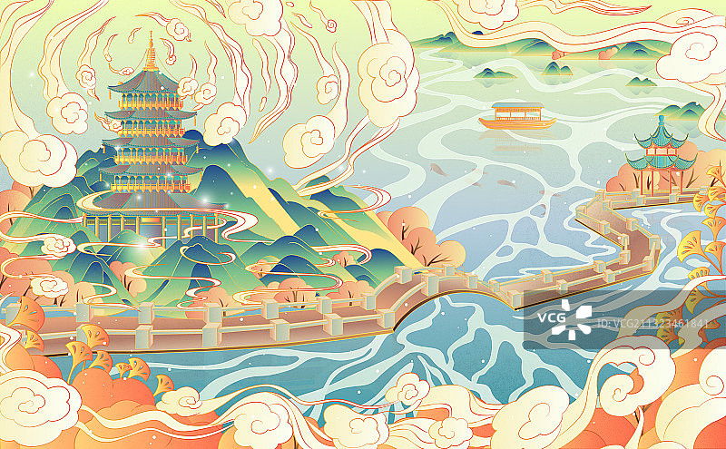 杭州西湖国潮风西湖十景系列风景插画雷峰夕照图片素材