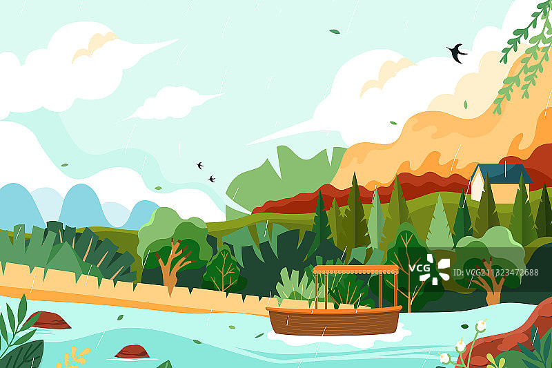 卡通春季春天花卉谷雨节气清明节情人节七夕节情侣中国风矢量插画图片素材