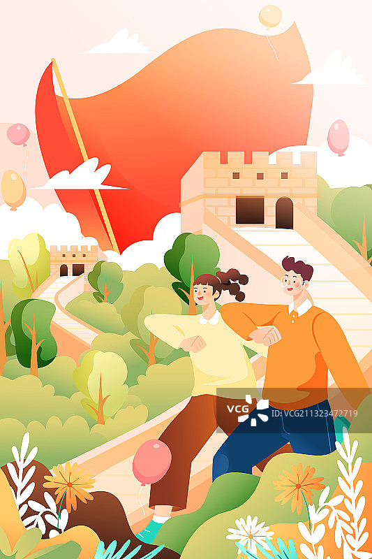 卡通国庆节劳动节建军节太和殿长城古建筑中国风国潮矢量插画图片素材