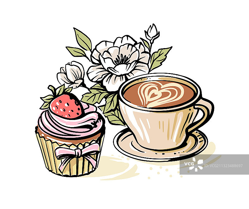 咖啡与牡丹纸杯蛋糕图片素材