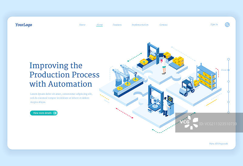 生产过程自动化2.5D等距着陆页图片素材